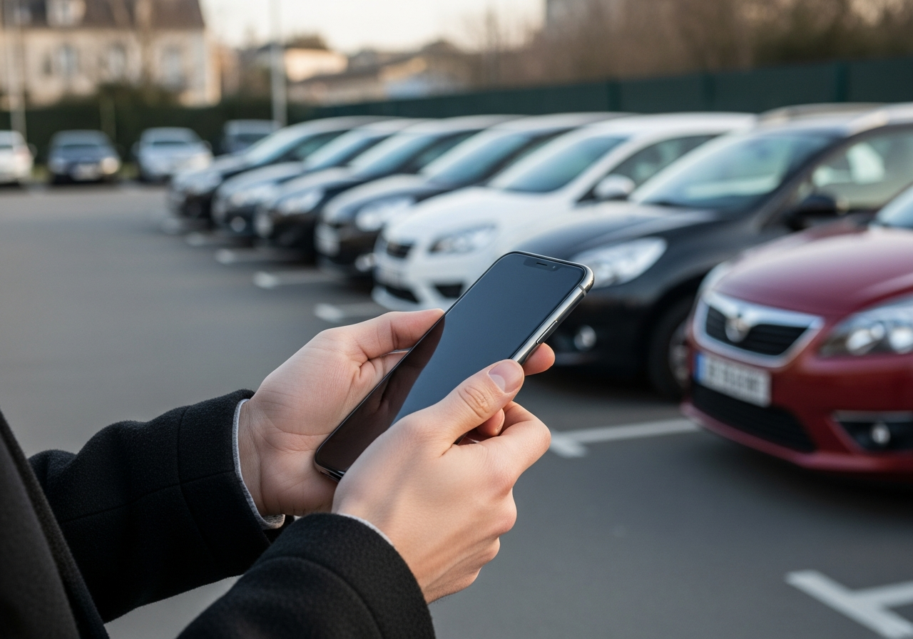 Automobiliste consultant des informations sur un smartphone pour trouver un service de plaque